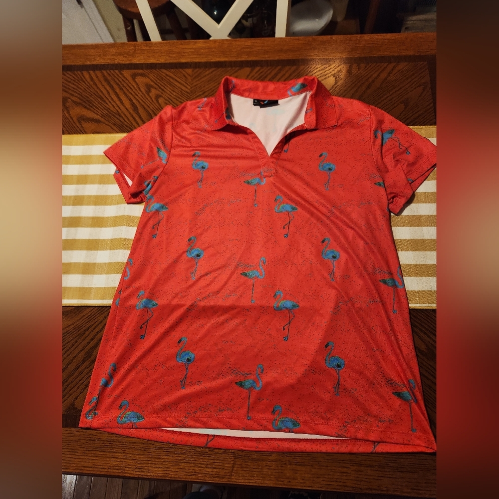 Yatta Golf Red Flamingo Print Polo Shirt